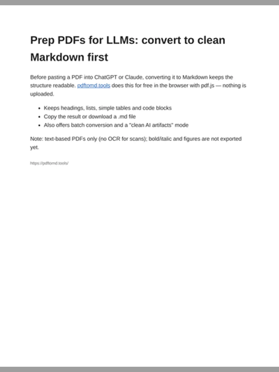 pdftomd.tools — free PDF to Markdown (text PDFs only, no OCR)